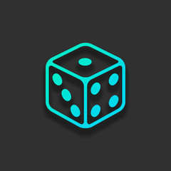 Dice cube, casino game. Colorful logo concept with soft shadow on dark background. Icon color of azure ocean