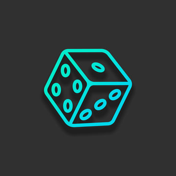 Dice cube, casino game, outline design. Colorful logo concept with soft shadow on dark background. Icon color of azure ocean