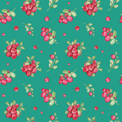 Watercolor pattern with red cowberry and green leaves. Forest berries seamless background. Hand-drawn illustration.