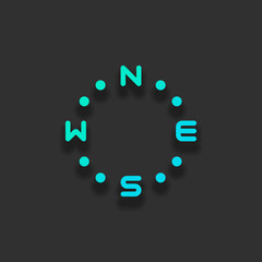 Simple compass, four direction, outline design. Colorful logo concept with soft shadow on dark background. Icon color of azure ocean