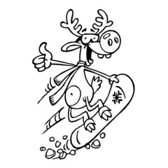 Santa's reindeer with a big nose jumps on a snowboard and shows thumbs up, winter sports, christmas, black and white cartoon