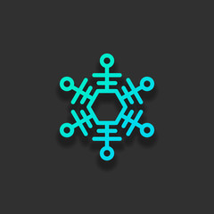 Simpe shape of snowflake, outline design. Colorful logo concept with soft shadow on dark background. Icon color of azure ocean