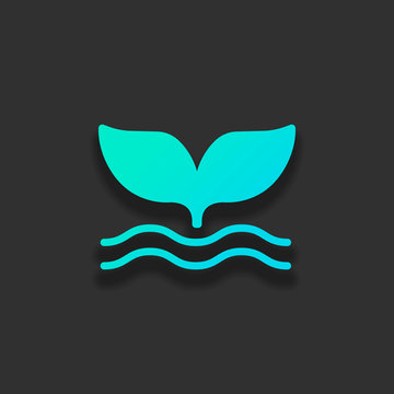 Silhouette of whale tail on wave. Colorful logo concept with soft shadow on dark background. Icon color of azure ocean