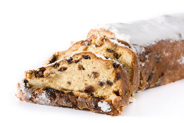Christmas stollen fruit slice isolated on white background. Close up