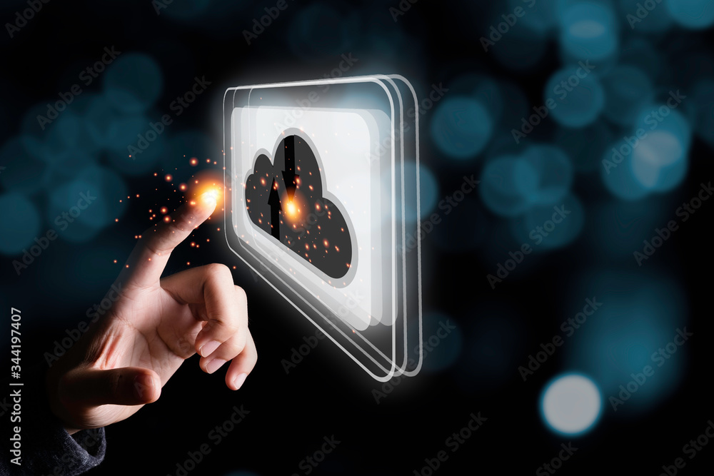Poster hand touching creative cloud computer on virtual monitor with blue bokeh background.cloud computing 