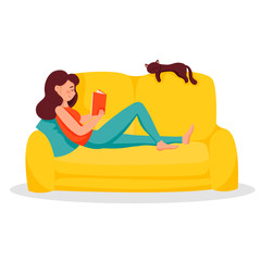 The girl is sitting at home on the couch and reading a book, a cat is sleeping next to her. Vector flat illustration