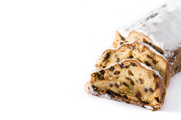 Christmas stollen fruit slice isolated on white background. Copy space