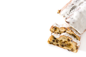 Christmas stollen fruit slice isolated on white background.Copy space