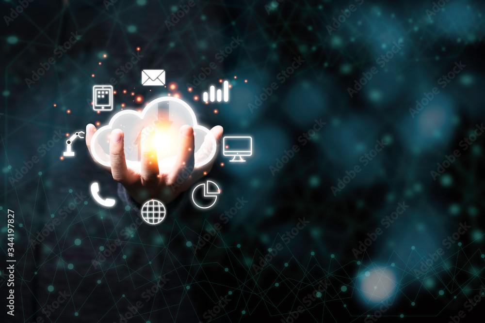 Poster hand holding virtual artificial intelligence with cloud technology transformation and internet of th