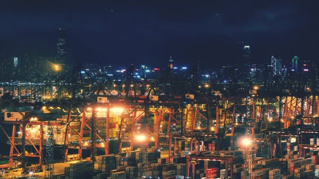 Night Time Time-lapse Of Tsing Yi Container Terminal In Hong Kong 