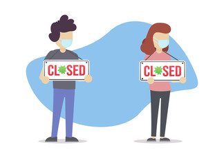 Concept of people standing with closed sign and masks. Cartoon flat vector illustration in modern style.