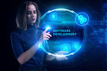 Business, Technology, Internet and network concept. Young businessman working on a virtual screen of the future and sees the inscription: Software development