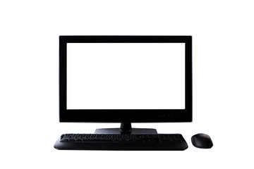Monitor personal computer desktop or pc with black keyboard and mouse isolated on white background