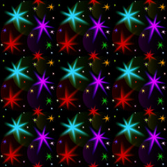 Seamless pattern with colorful stars on dark background.