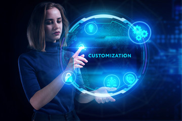 Business, Technology, Internet and network concept. Young businessman working on a virtual screen of the future and sees the inscription: Customization