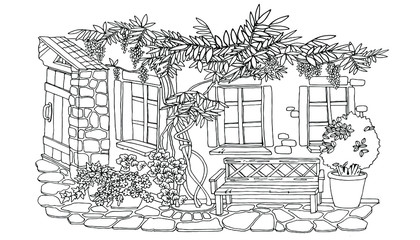 coloring, cute courtyard with a bench under the windows, wisteria bush, ivy, black and white, vector
