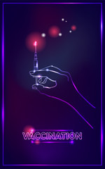 Hand holds Disposable sterile medical syringe. Virus protection concept for Stopping pandemia. Neon glowing style Vector