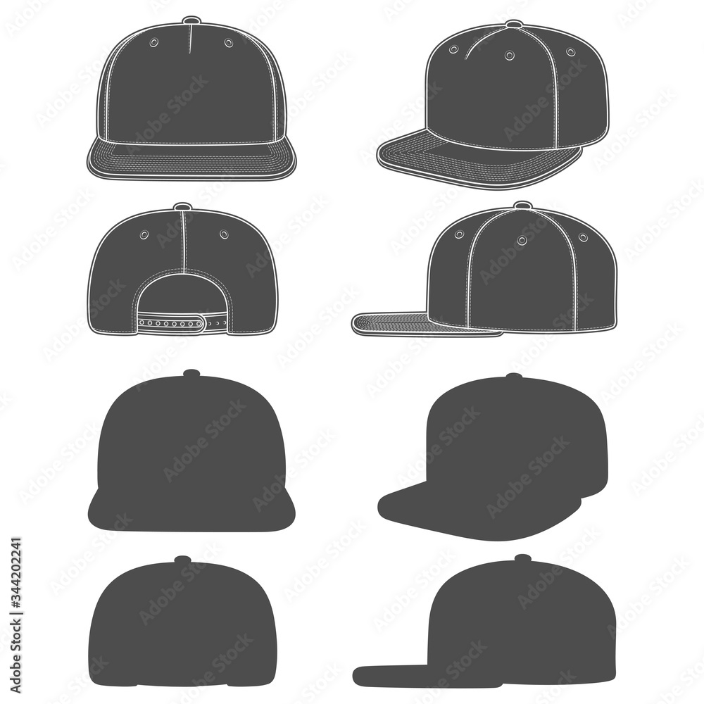 Aufkleber set of black and white images of a snapback, rapper cap with a flat visor. isolated objects on white