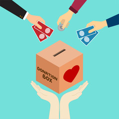 man's hand drop money to donation box and pair hand support below