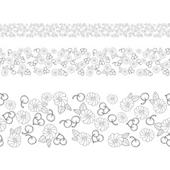 border ink drawing cherry, leaves and flowers, coloring page for design