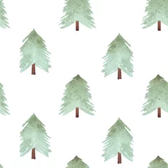 Behang Aquarel prints Leuk waterverfpatroon van groene pijnbomen voor Kerstmis en Nieuwjaardecoratie. Boom silhouetten illustraties geïsoleerd op een witte achtergrond. Kan worden gebruikt voor ontwerptextiel, print, behang.
