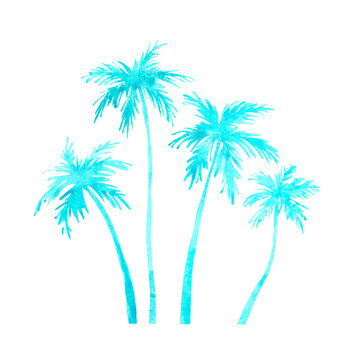 Aquarelle wild palms for background, texture, wrapper pattern, frame or border. Blue palm tree isolated on white background. Watercolor illustration, design element. 