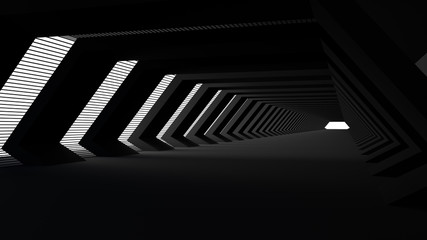 Black empty room space and the pathway area indefinitely with the gap glowing in the dark and shadow. Museum space design. the rhythm of the square frame and the gap, On the black floor, 3D rendering.