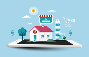 Online Shopping Vector Symbol with Houses in City on Mobile Phone. Virtual Shopping Center Cartoon.