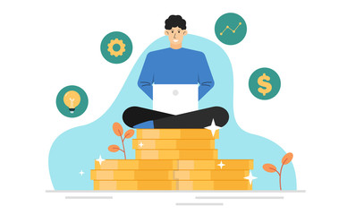 Man sitting on a pile of money,Financial management and strategy for profit making,Vector illustration banner background website landing page
