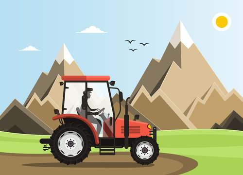 Tractor on Field with Mountains on Background - Vector Illustration