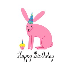 Happy Birthday lettering. Lovely pink hare with a birthday cupcake and a hat. Isolated on white background. Cute funny rabbit drawn by hand. Design for greeting card, poster.Stock vector illustration.