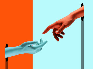 Bright painted hands touching by fingers. Contemporary art collage. Modern design work in vibrant...