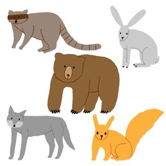 Collection of wild animals isolated on white background. Set of raccoon, hare, bear, wolf, squirrel. Funny adorable forest creatures. Hand drawn design. Mammals drawing. Stock vector illustration.