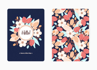 Cover design with floral pattern and round frame. Hand drawn flowers. Colorful artistic background with blossom. Invitation, greeting card, cover book, notebook. Size A4. Vector illustration, eps10
