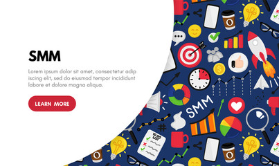 Vector background with smm elements. Social Media Marketing. Reach and promotion among target audience. Landing page, banner, mailing, presentation, header. Advertising for marketers, digital agency