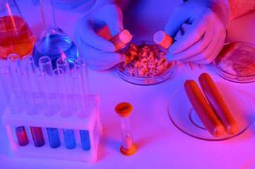 .Synthetic meat production. Checking the product for suitability in the laboratory. Artificial meat is the food of the future. Test tube meat.
