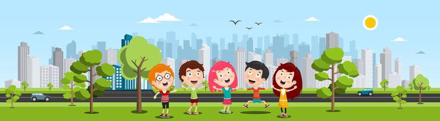 Happy Kids in City Park with Trees and Modern Skyscrapers on Background. Vector Illustration.