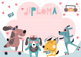 Diploma template with cool disco dogs in doodle cartoon style, certificate background for school, preschool, kindergarten. Vector illustration.