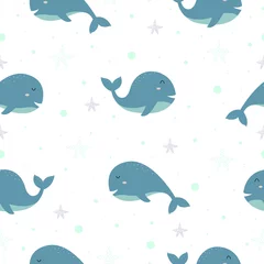 Foto op Plexiglas Blauwe vinvis Cute stripfiguur met zeeleven Naadloze patroon Willekeurige opstelling Het ontwerp is geschikt voor textiel, kleding patroon, drukwerk, inpakpapier, illustratie vector © TEe Du