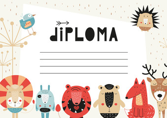 Diploma template with funny scandinavian animals in cartoon style, certificate background for school, preschool, kindergarten. Vector illustration. Place for text.