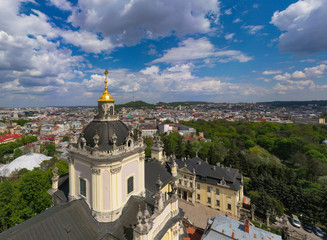 Aerial view on St. George's Cathedral in Lviv, Ukraine from drone