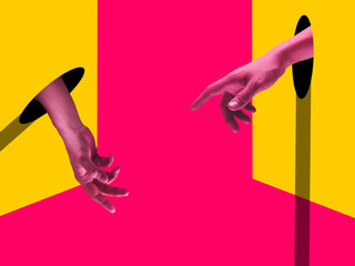 Losing. Bright painted human hands touching by fingers. Contemporary art collage. Modern design work in vibrant trendy colors. Stylish and fashionable composition, youth culture. Copyspace.