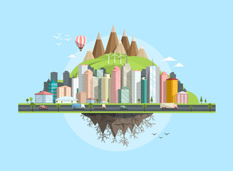 Flying Island Vector Flat Design Illustration. Abstract City with Skyscrapers, Street and Windmills on Hills.