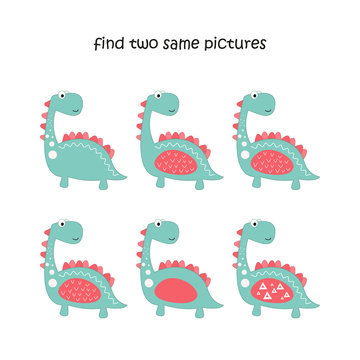 Find two same pictures - cute dinosaurs. Logic games for kids. Vector illustration. Little dino.