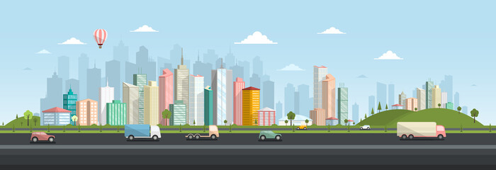 Abstract City Skyline with Cars on Asphalt Highway. Vector Flat Design Town with Skyscrapers and Trees.