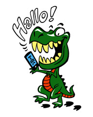 Tyrannosaurus rex holding a smart phone, phoning and smiling saying hallo, color cartoon joke