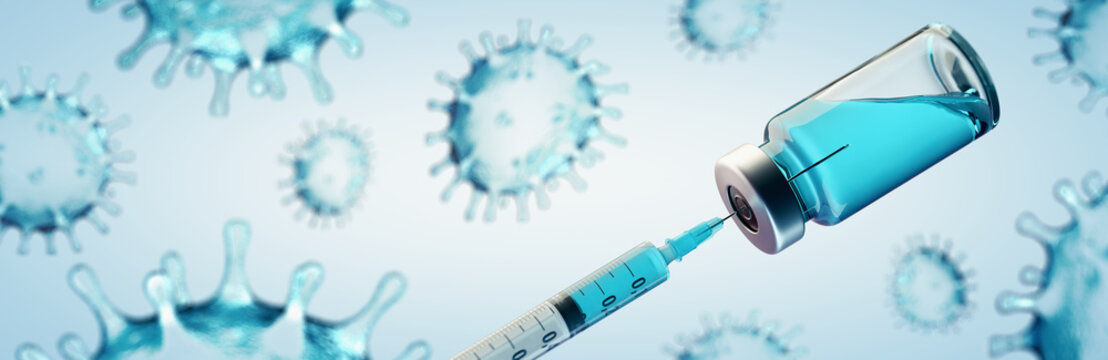 Vaccination concept image with Coronavirus Covid-19 SARS-CoV-2 virus vaccine - panoramic banner
