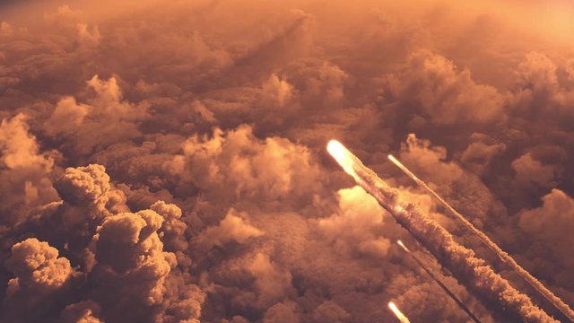 Meteors flying over the clouds