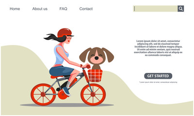 Landing page design.  Beauty girl  riding red bicycle carrying dog, pet shop company. Web banner design, bicycle club, Flat style illustration. Scalable and editable vector.