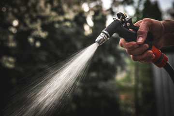 Watering garden equipment - hand holds the sprinkler hose for irrigation plants. Gardener hand with watering gun. - obrazy, fototapety, plakaty